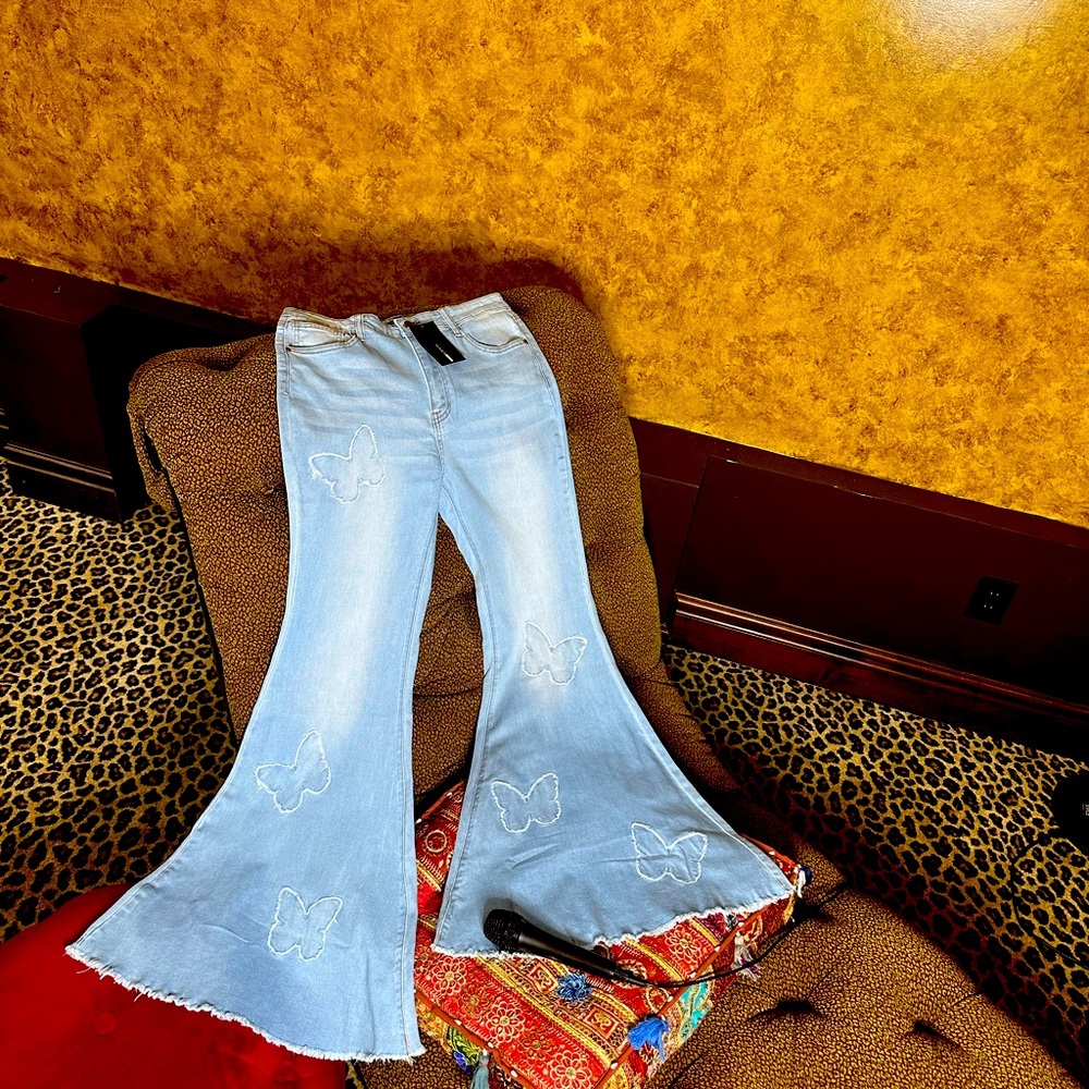 Women’s Distressed Butterfly Denim, high waist, bell bottom, flare leg